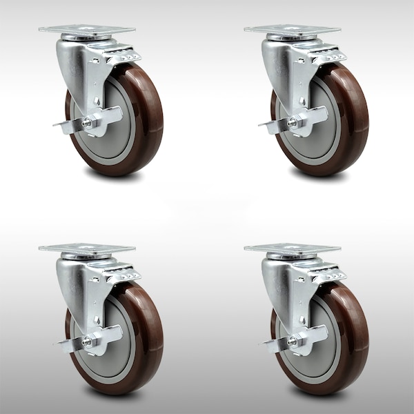 5 Inch SS Maroon Polyurethane Swivel Top Plate Caster Set with Brake SCC